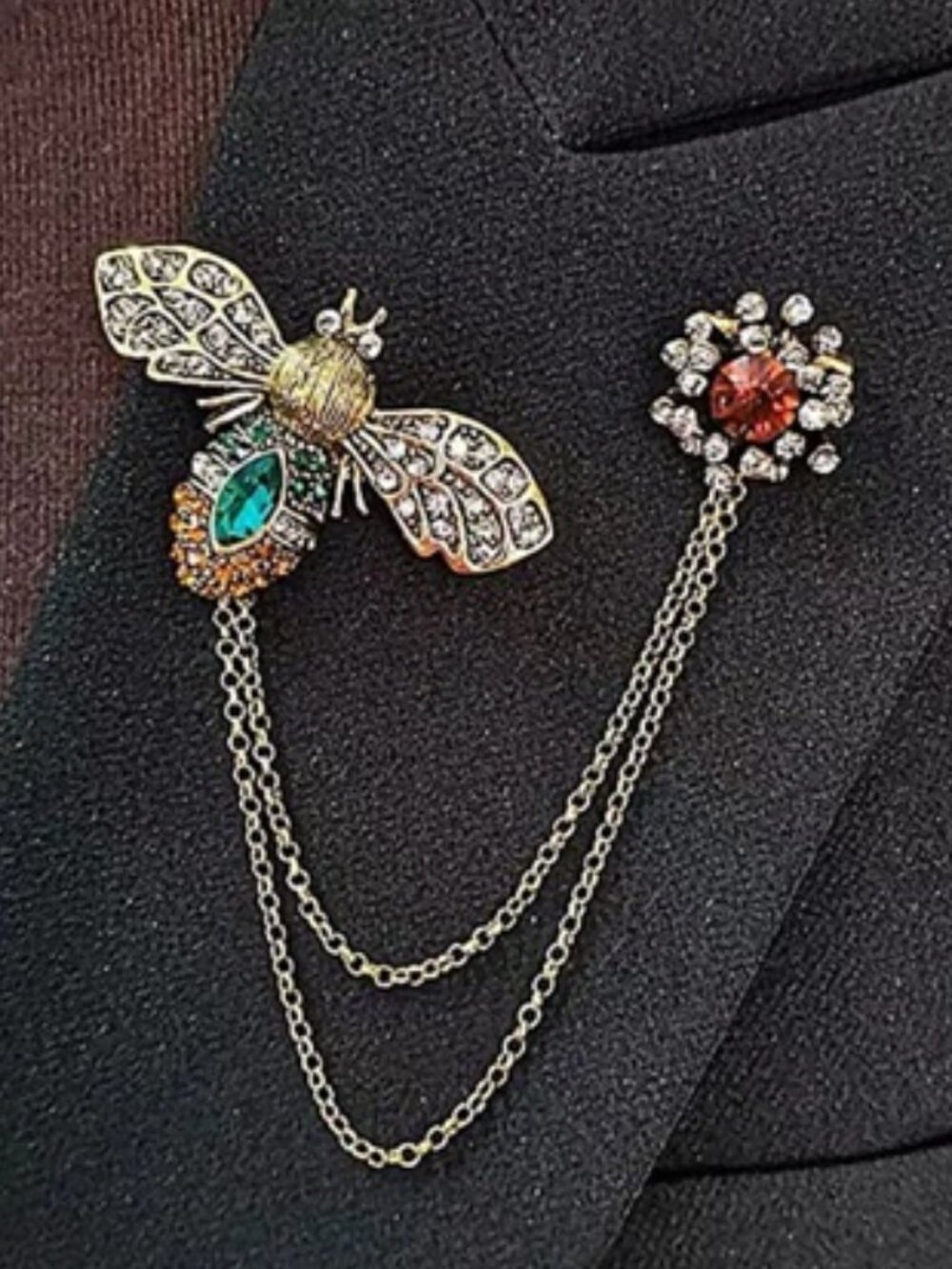 DESIGNER Retro Burnished Gold Queen Bee Clear/Red/Green Crystal Double Brooch - Picture 1 of 4